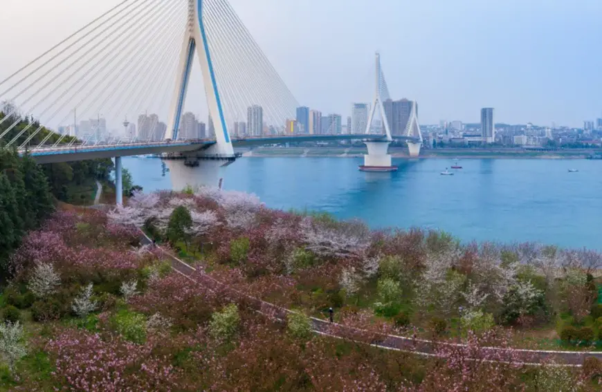 Photo taken on March 14, 2021, shows the area near the south end of Yiling Yangtze River Bridge over the section of the Yangtze River in Yichang, central China’s Hubei province. The area used to be the site of old plants producing port machinery, while now it’s a new tourist attraction where citizens enjoy beautiful scenery at leisure. (Photo by Wang Geng/People’s Daily Online)