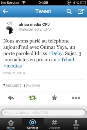 Image du Tweet d'Africa Média CPJ.