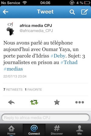 Image du Tweet d'Africa Média CPJ. Image du Tweet d'Africa Média CPJ.