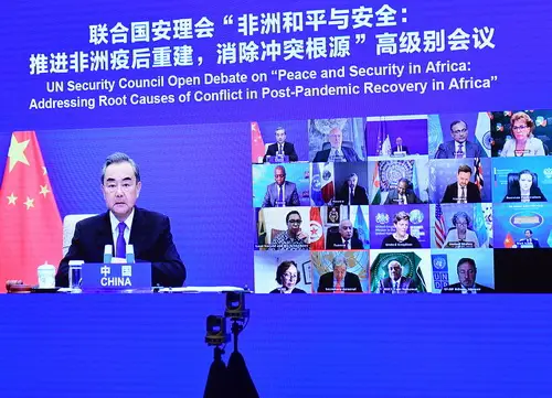 Chinese State Councilor and Foreign Minister Wang Yi chairs the UN Security Council open debate on “Peace and Security in Africa: Addressing Root Causes of Conflict in Post-Pandemic Recovery in Africa” via video link on May 19, 2021. (Photo from the website of China’s Ministry of Foreign Affairs)
