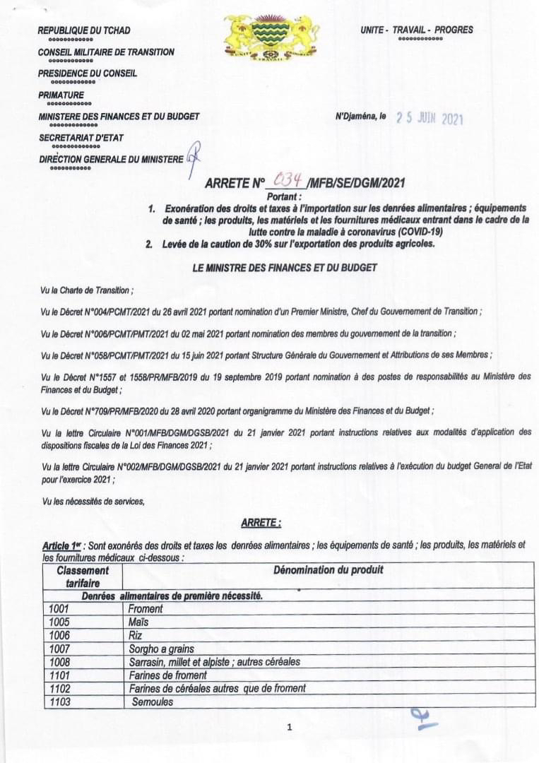 Tchad : liste des produits exonérés des droits et taxes à l'importation Tchad : liste des produits exonérés des droits et taxes à l'importation