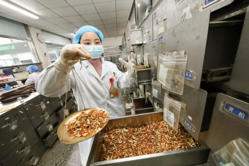 Photo taken on Jan. 23, 2021 shows a pharmacist of traditional Chinese medicine (TCM) preparing medicine at Huai’an Hospital of TCM in Huai’an, east China’s Jiangsu province. (Photo by Wang Hao/People’s Daily Online)