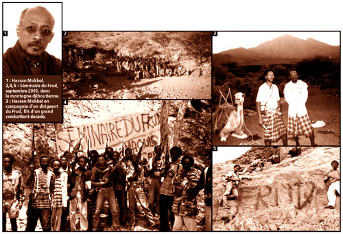 Légende photos : 1 : Hassan Mokbel. 2,4,5 : Séminaire du Frud, septembre 2005, dans la montagne djiboutienne. 3 : Hassan Mokbel en compagnie d'un dirigeant du Frud, fils d'un grand combattant décédé. Légende photos : 1 : Hassan Mokbel. 2,4,5 : Séminaire du Frud, septembre 2005, dans la montagne djiboutienne. 3 : Hassan Mokbel en compagnie d'un dirigeant du Frud, fils d'un grand combattant décédé.