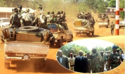 Colonne tchadienne à Damara. En médaillon, le chef de la FOMAC et l'ambassadeur du Tchad à Bangui. Crédits photo : acap-cf.info