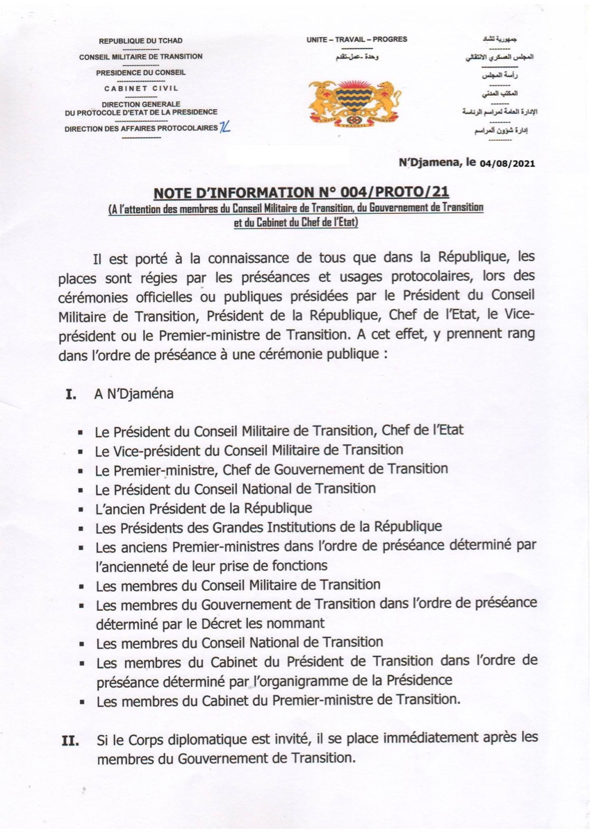 Tchad : le Protocole d'État exige le respect strict de l'ordre protocolaire Tchad : le Protocole d'État exige le respect strict de l'ordre protocolaire
