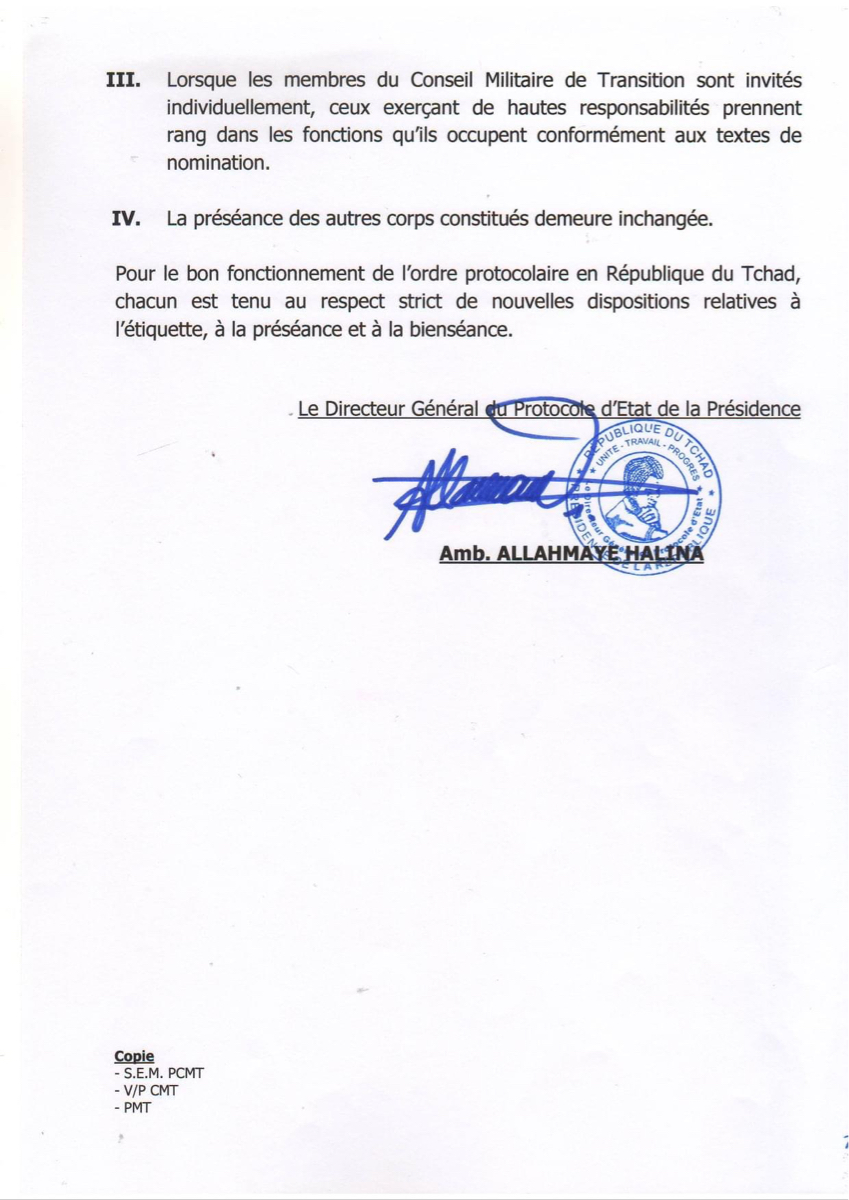Tchad : le Protocole d'État exige le respect strict de l'ordre protocolaire Tchad : le Protocole d'État exige le respect strict de l'ordre protocolaire