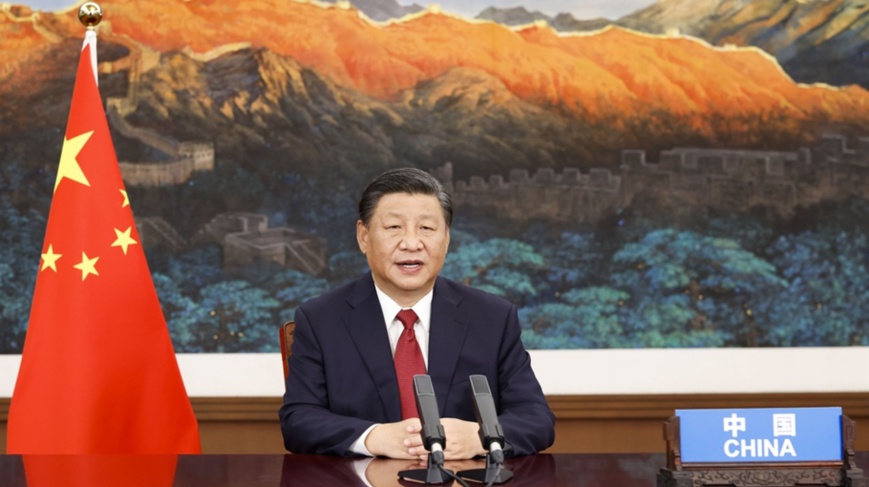 Chinese President Xi Jinping attends and delivers a speech titled “Bolstering Confidence and Jointly Overcoming Difficulties to Build a Better World” at the general debate of the 76th session of the UN General Assembly via video link, Sept. 21, 2021. (Photo by Huang Jingwen/Xinhua)