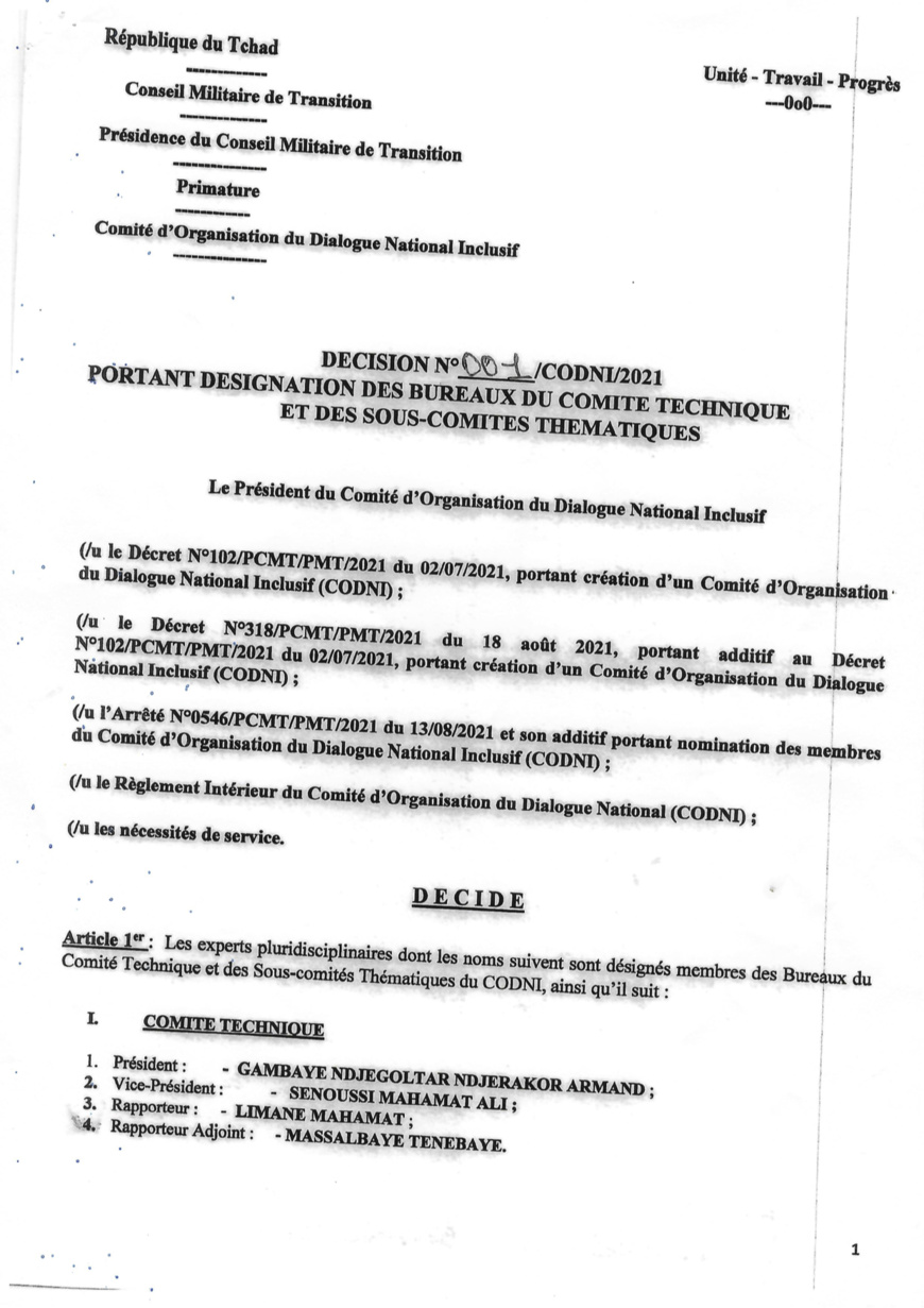 Tchad : 42 experts pluridisciplinaires désignés en vue du dialogue national inclusif Tchad : 42 experts pluridisciplinaires désignés en vue du dialogue national inclusif