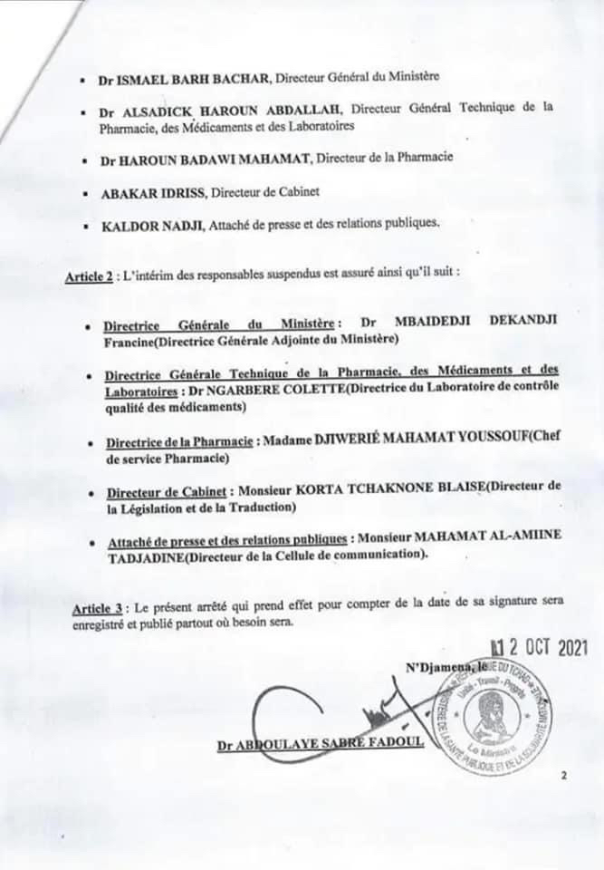 Tchad : 5 responsables du ministère de la Santé publique suspendus Tchad : 5 responsables du ministère de la Santé publique suspendus