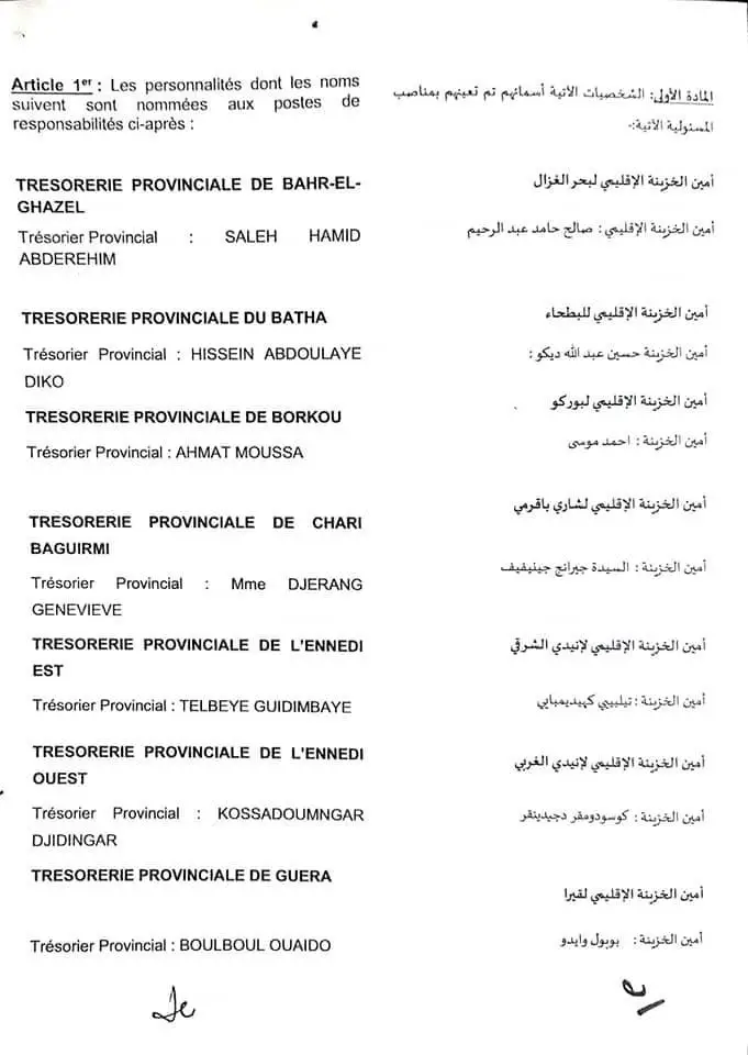 Tchad : nomination de 23 trésoriers provinciaux