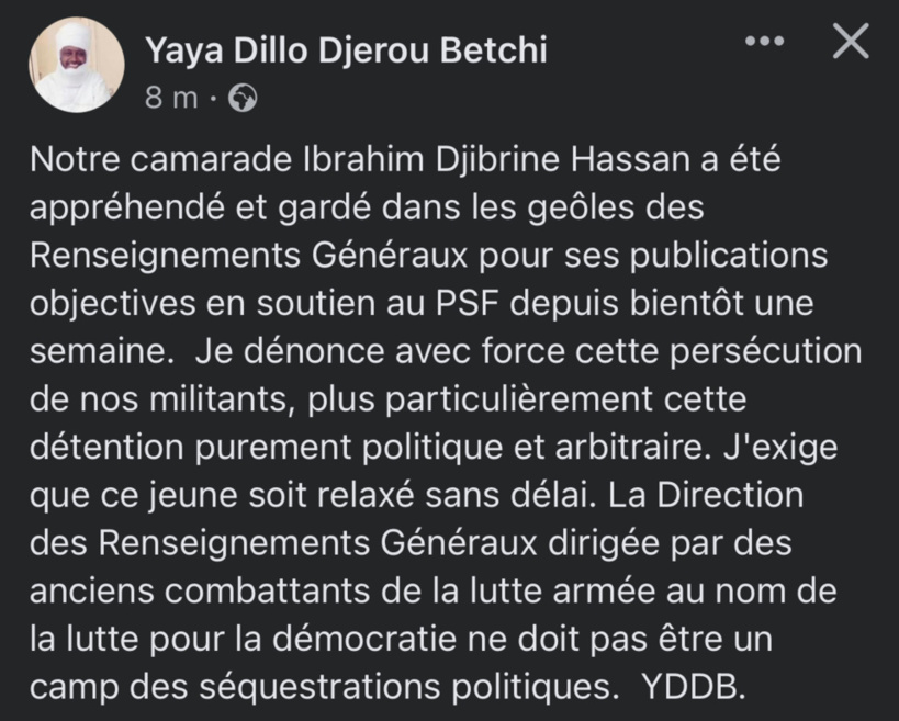 Tchad : le PSF annonce l'arrestation d'un de ses militants suite à des publications Tchad : le PSF annonce l'arrestation d'un de ses militants suite à des publications