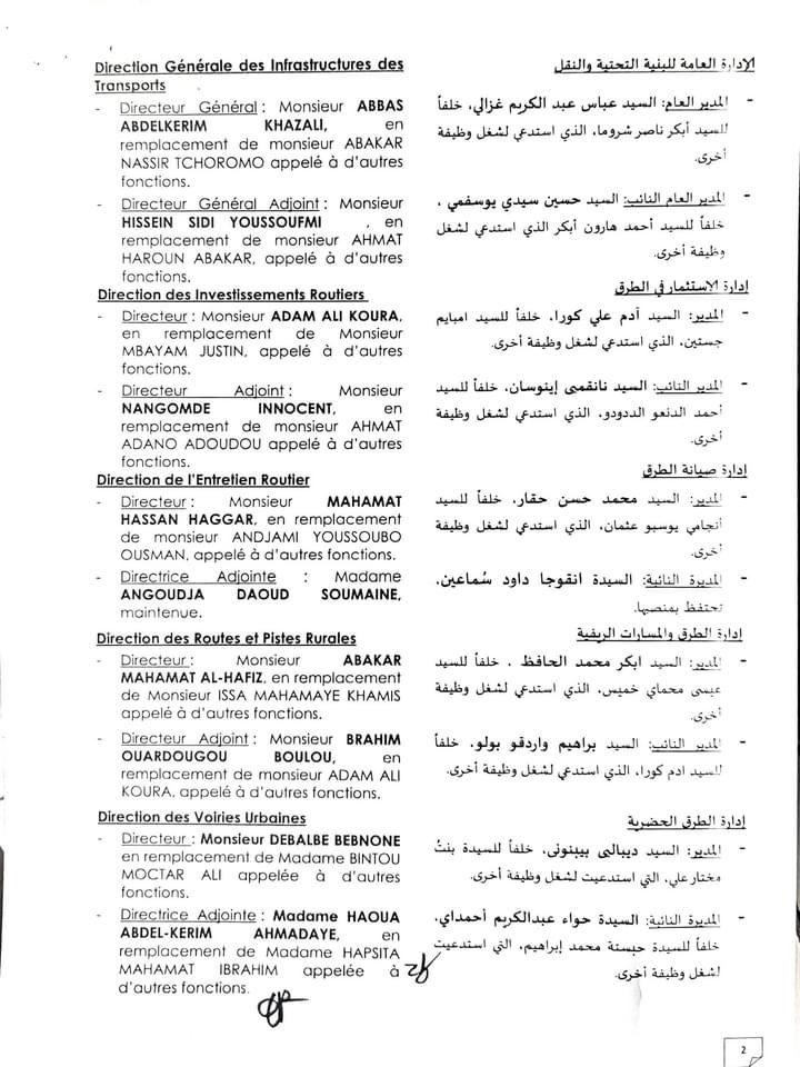 Tchad : 22 nominations dont 6 nouveaux postes au ministère des Infrastructures