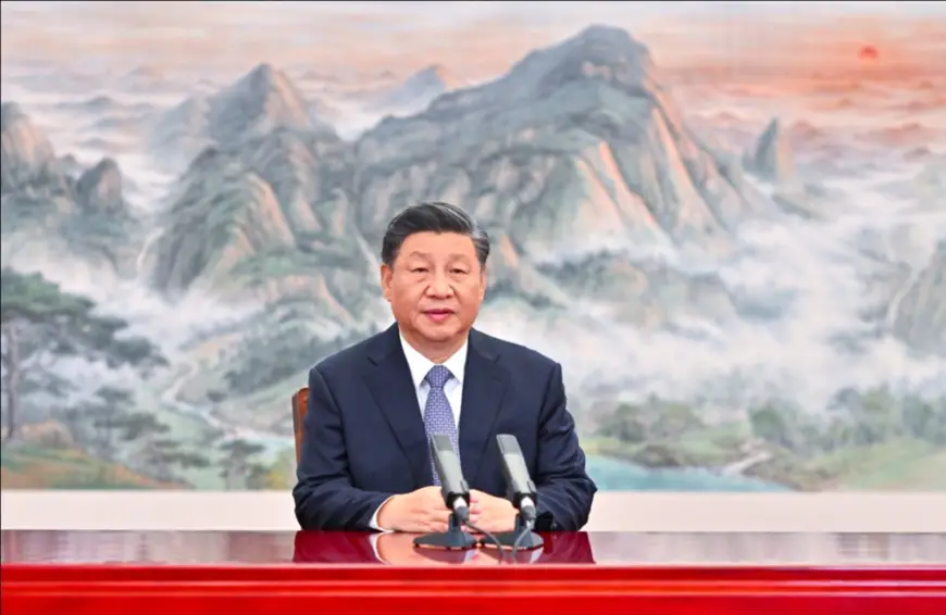 Chinese President Xi Jinping delivers a keynote speech titled Pursuing Sustainable Development in a Concerted Effort to Build an Asia-Pacific Community with a Shared Future at the Asia-Pacific Economic Cooperation (APEC) CEO Summit via video, in Beijing, capital of China, Nov. 11, 2021. (Photo by Li Xueren/Xinhua)