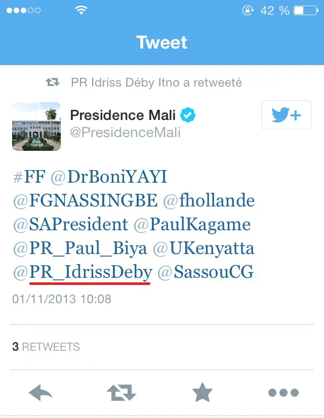 Twitter : La Présidence du Mali recommande le compte "fake" d'Idriss Déby