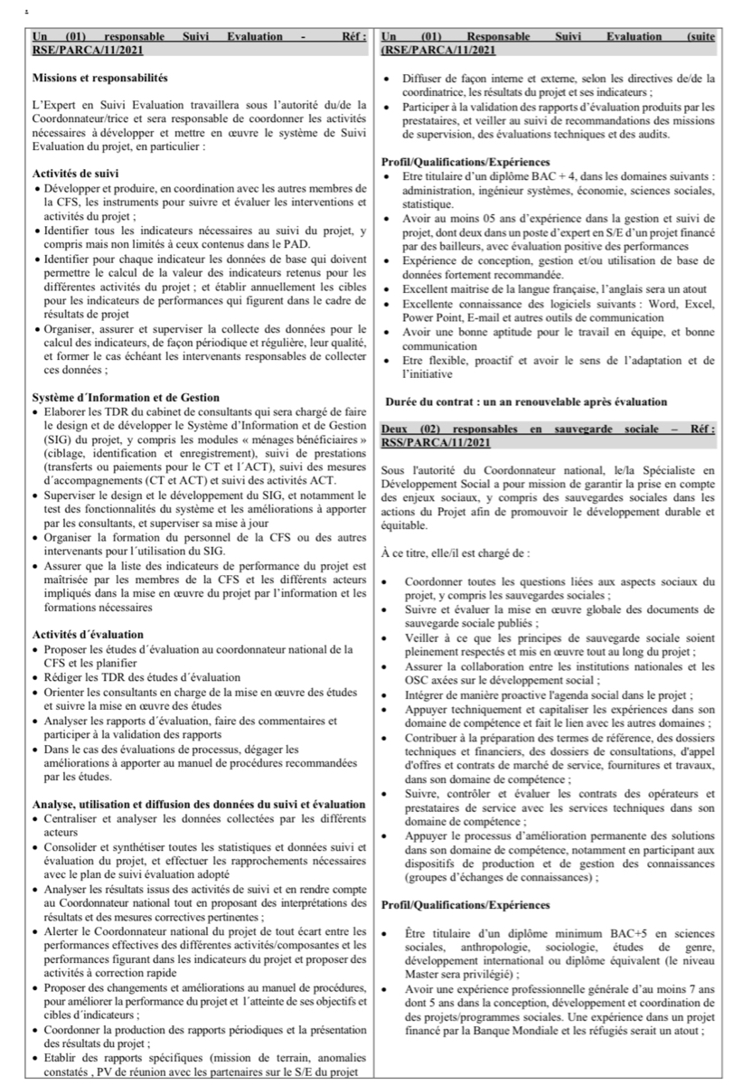 Tchad : recrutement de personnel additionnel pour la cellule Filets Sociaux du projet PARCA Tchad : recrutement de personnel additionnel pour la cellule Filets Sociaux du projet PARCA