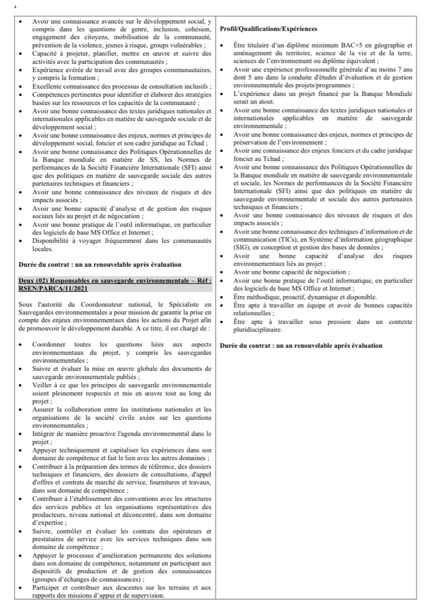 Tchad : recrutement de personnel additionnel pour la cellule Filets Sociaux du projet PARCA Tchad : recrutement de personnel additionnel pour la cellule Filets Sociaux du projet PARCA