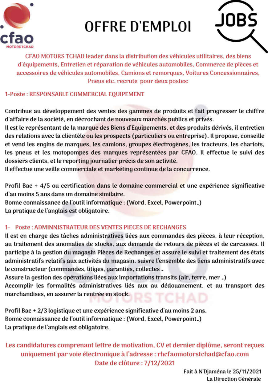 Tchad : CFAO MOTORS recrute pour deux postes