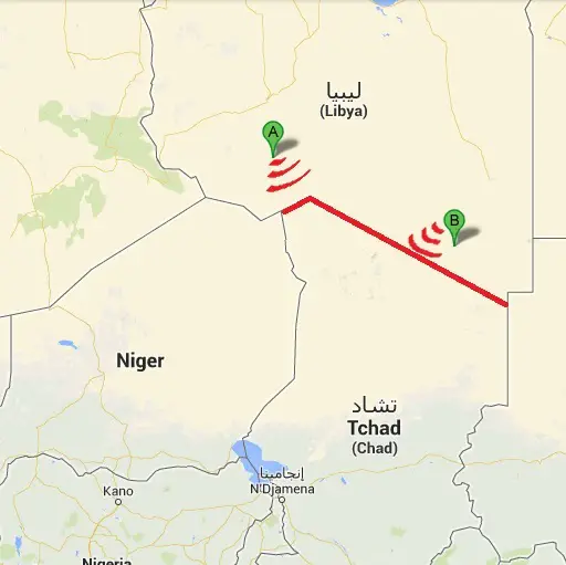 Les deux points de contrôles installés à Al Qatrun (A) et As Sarrhaqui (B), en Libye, permettant la surveillance avec le Tchad.