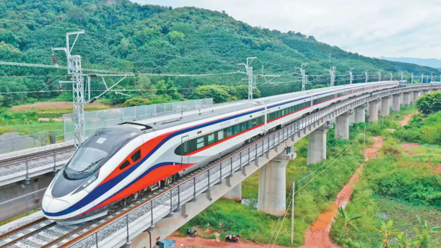 Lancang bullet train, the streamlined "China-standard" electric multiple unit train for the China-Laos Railway, heads for Vientiane. (Photo courtesy of China Railway International Group)