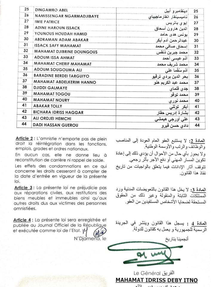 Tchad : 44 bénéficiaires de l'amnistie pour atteinte à l'intégrité de l'État et délits d'opinion Tchad : 44 bénéficiaires de l'amnistie pour atteinte à l'intégrité de l'État et délits d'opinion