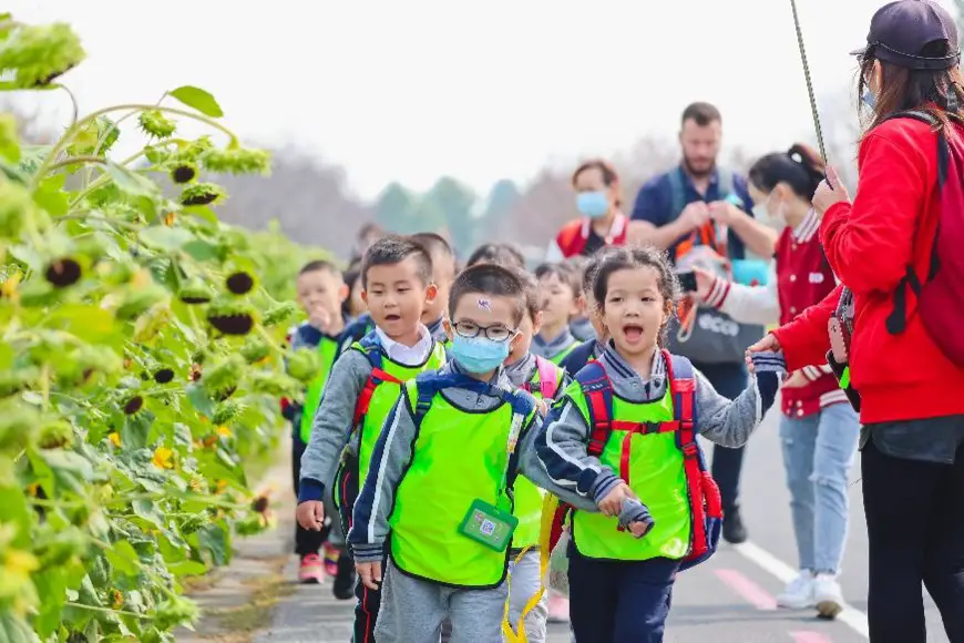 Children learn knowledge of plants during a tour of the Shanghai Chenshan Botanical Garden under the guidance of their teachers, Oct. 19, 2021. (Photo by Jiang Huihui/People’s Daily Online)