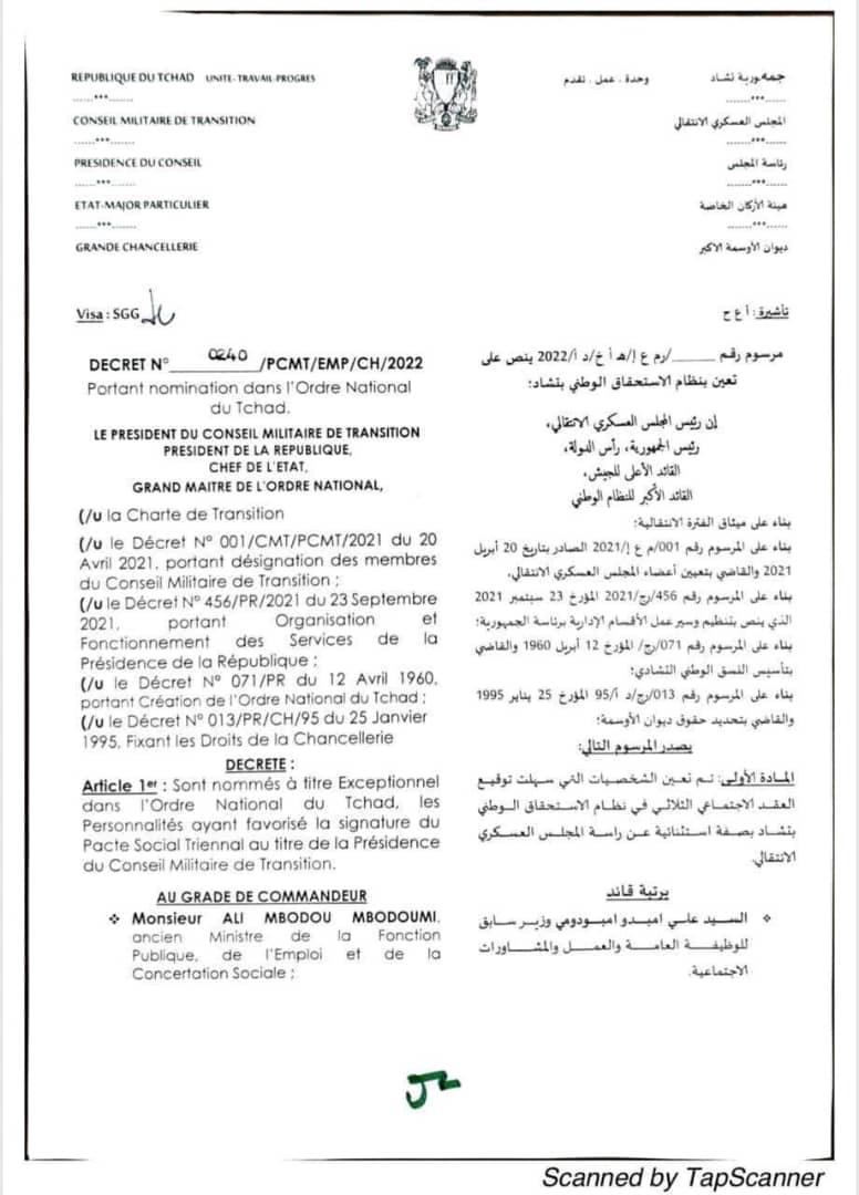 Tchad : 24 personnalités nommées dans l'ordre national