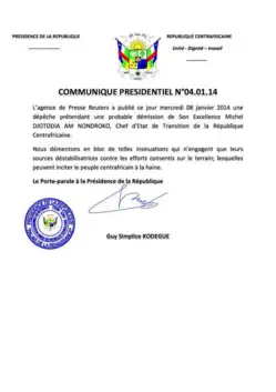Michel Djotodia ne démissionnera pas, dément la Présidence de la République centrafricaine.