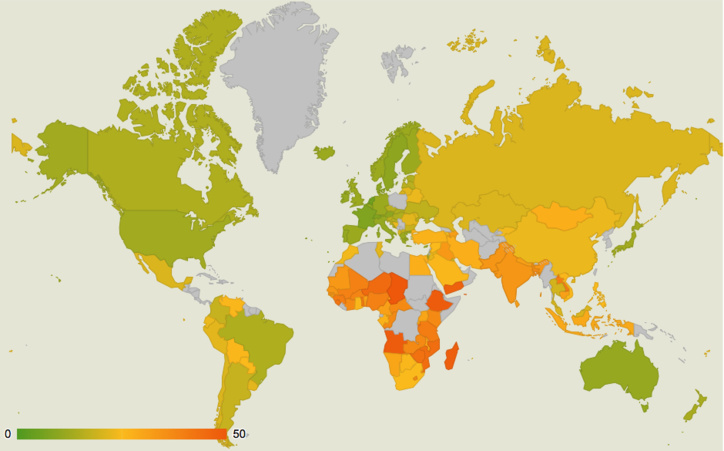 Les pays ayant reçu le score le plus bas (en vert) sont ceux où l'on ''mange le mieux'' (crédit : Oxfam)