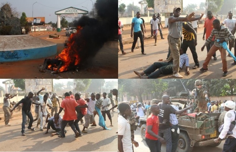Le corps d'un musulman tchadien qui vient d'être brûlé au rond-point des Nations-Unis, quartier Sango, par des jeunes en colère. © Diaspora Media Le corps d'un musulman tchadien qui vient d'être brûlé au rond-point des Nations-Unis, quartier Sango, par des jeunes en colère. © Diaspora Media