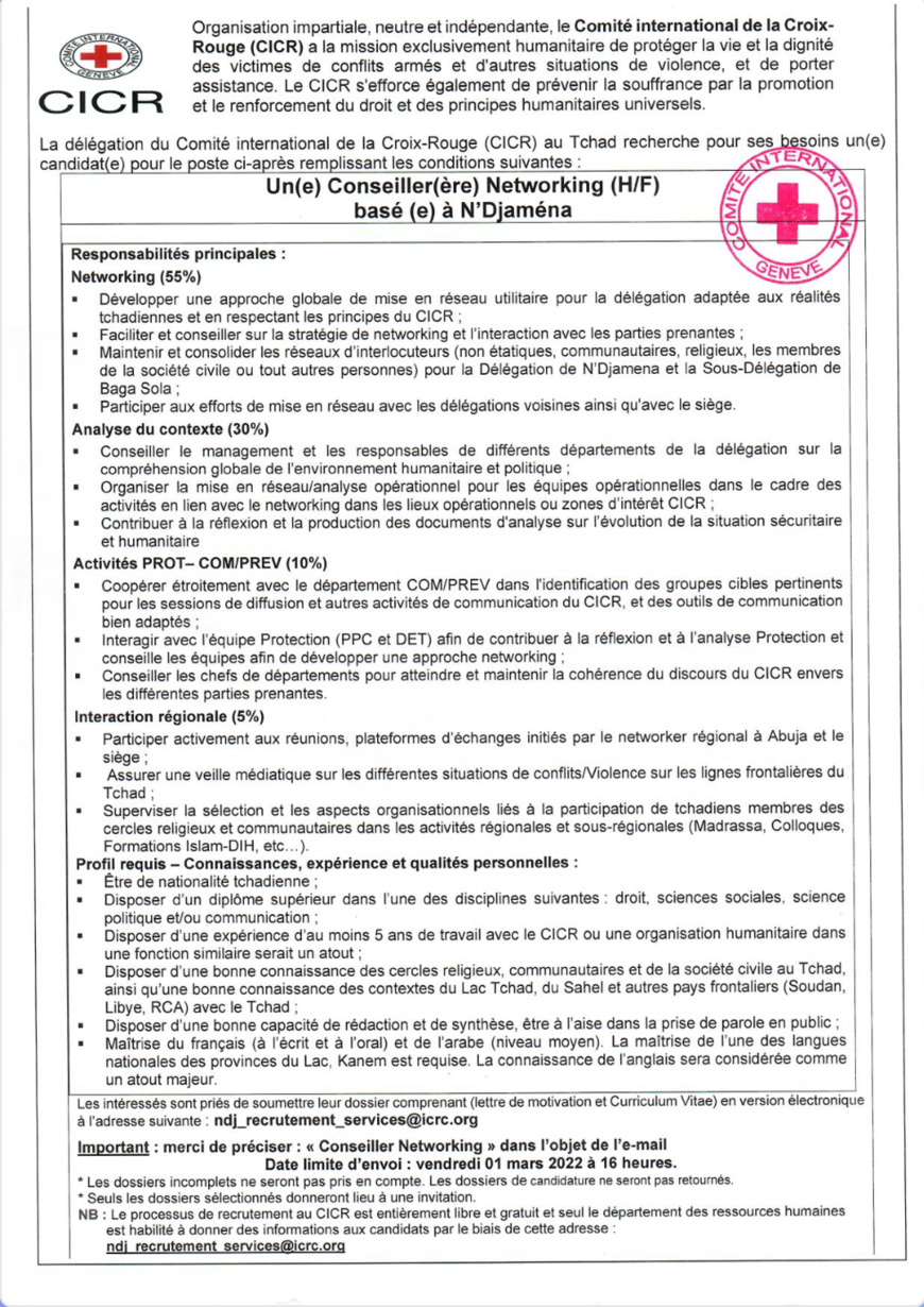 Tchad : Le dépôt des candidatures pour le recrutement du CICR reporté au 16 mars 2022