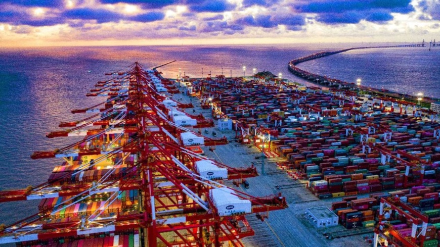 Freighters are being loaded and unloaded at a terminal of the Yangshan port in the Port of Shanghai, Sept. 11, 2021. (Photo by Ji Haixin/People's Daily Online)