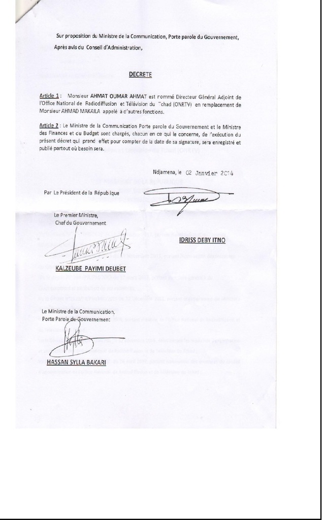 Décret de remplacement de Ahmat Makaïla. Décret de remplacement de Ahmat Makaïla.