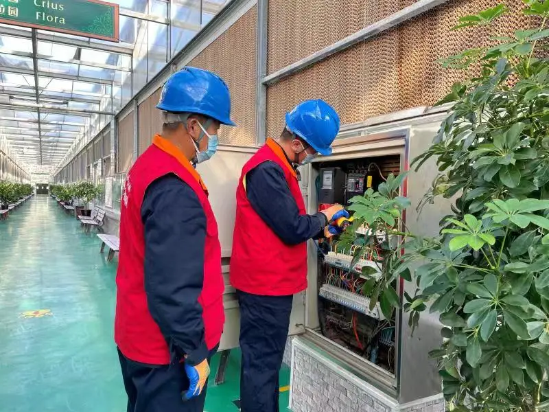 Staff members of the State Grid Tianjin Electric Power Company’s branch in Baodi district, north China’s Tianjin municipality, examine the power supply facility of a smart greenhouse. (Photo/cpnn.com.cn)