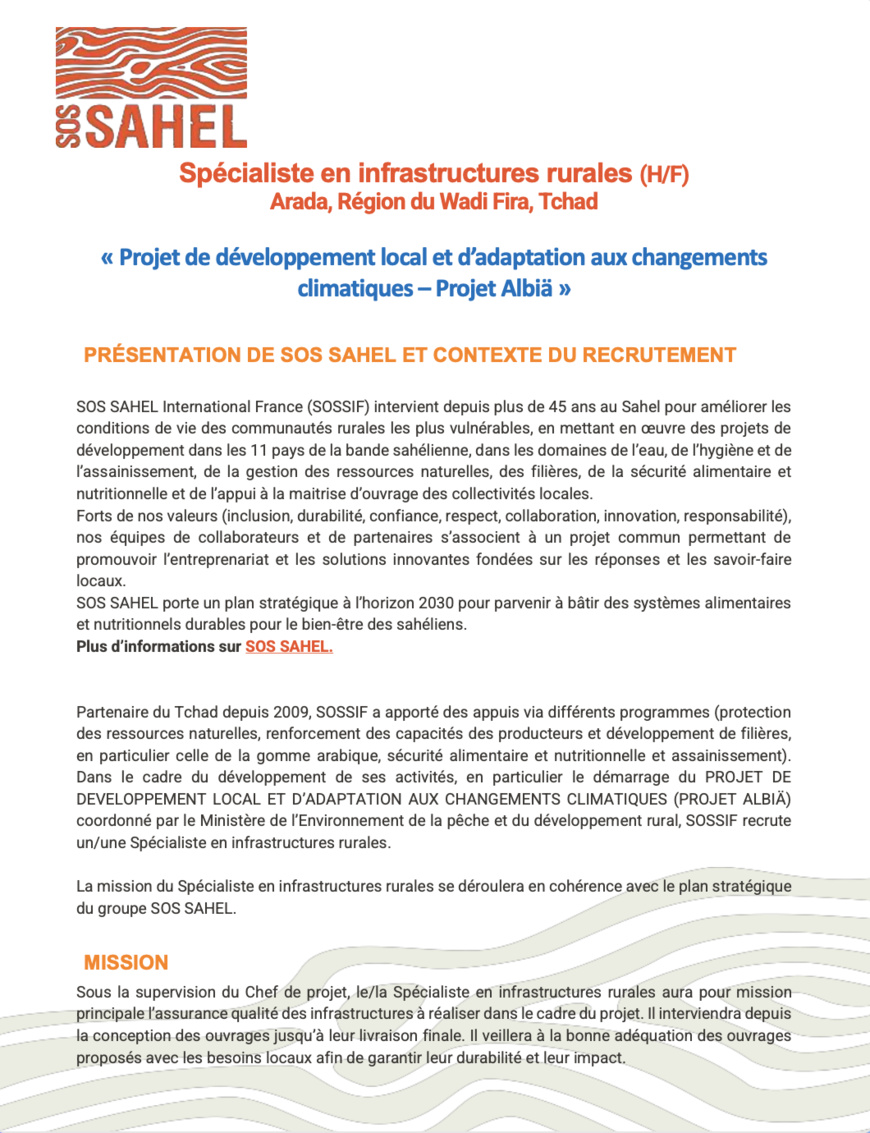 Tchad : SOS SAHEL International France (SOSSIF) recrute un(e) Spécialiste en Infrastructures Rurales (H/F) à Arada Tchad : SOS SAHEL International France (SOSSIF) recrute un(e) Spécialiste en Infrastructures Rurales (H/F) à Arada
