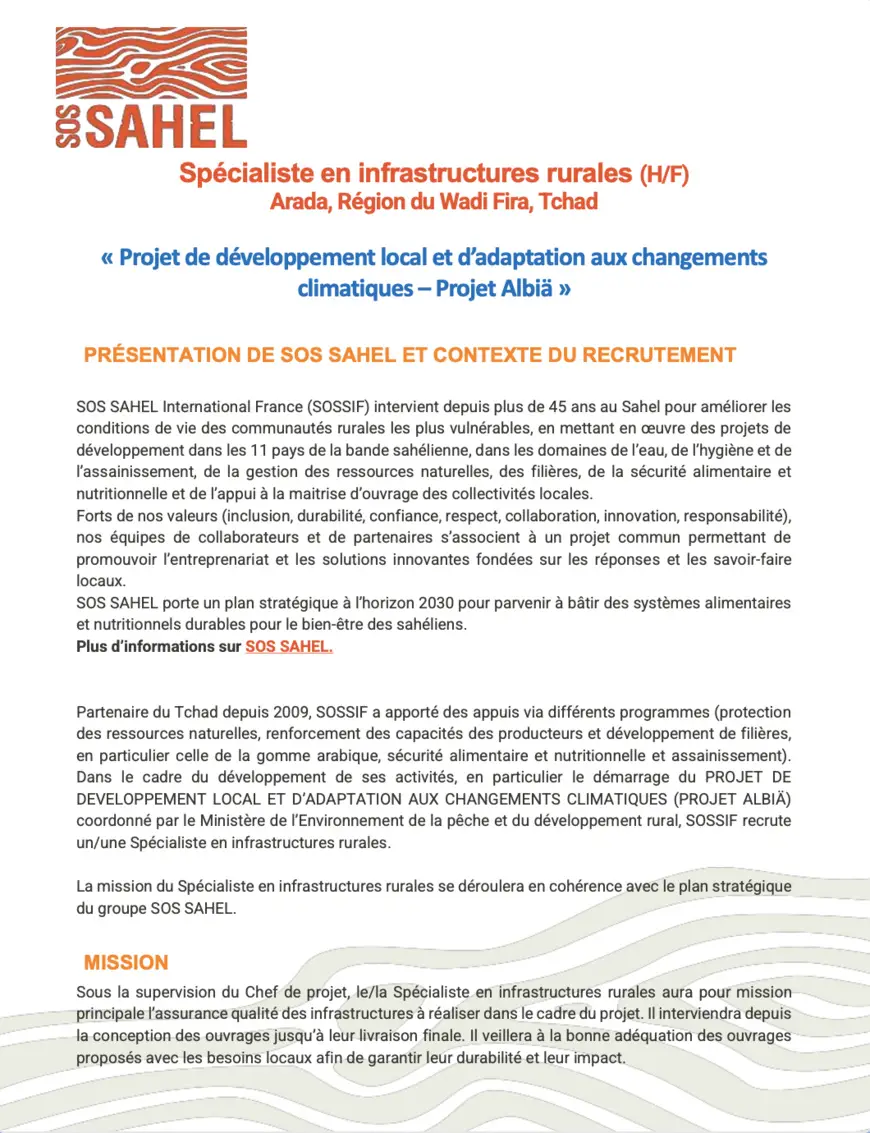 Tchad : SOS SAHEL International France (SOSSIF) recrute un(e) Spécialiste en Infrastructures Rurales (H/F) à Arada