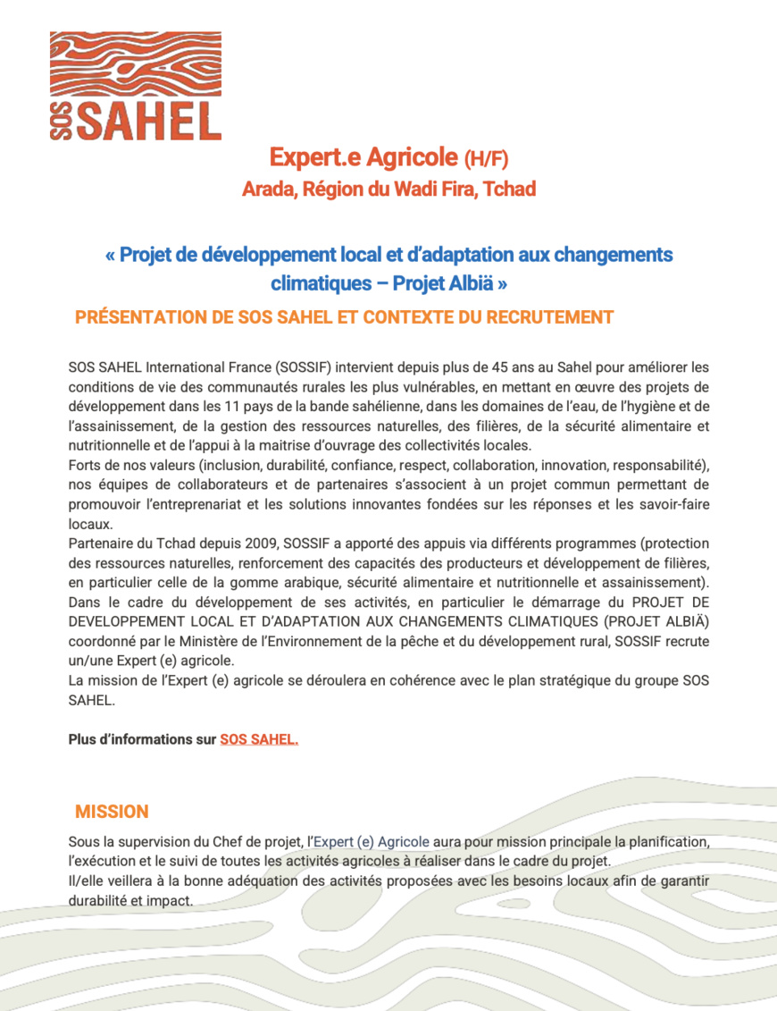 Tchad : SOS SAHEL International France (SOSSIF) recrute un(e) Expert(e) Agricole (H/F) à Arada Tchad : SOS SAHEL International France (SOSSIF) recrute un(e) Expert(e) Agricole (H/F) à Arada