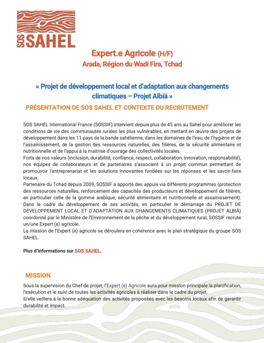 Tchad : SOS SAHEL International France (SOSSIF) recrute un(e) Expert(e) Agricole (H/F) à Arada