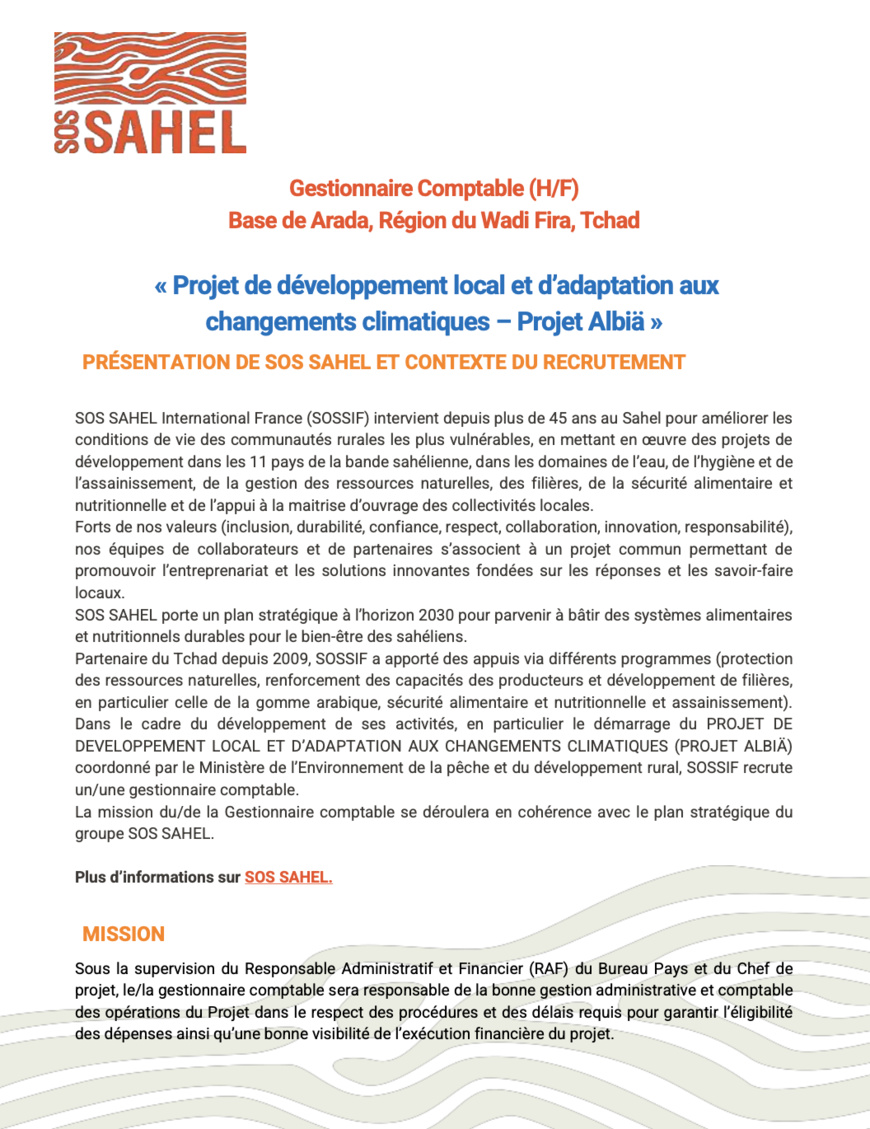 Tchad : SOS SAHEL International France (SOSSIF) recrute un(e) Gestionnaire Comptable à Arada Tchad : SOS SAHEL International France (SOSSIF) recrute un(e) Gestionnaire Comptable à Arada