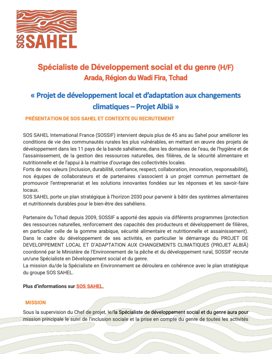 Tchad : SOS SAHEL International France (SOSSIF) recrute un(e) Spécialiste de Développement Social et du Genre (H/F) à Arada Tchad : SOS SAHEL International France (SOSSIF) recrute un(e) Spécialiste de Développement Social et du Genre (H/F) à Arada