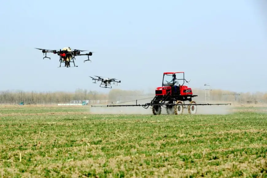 A farmer drives plant protection machine to spray pesticide in a wheat field of a family farm in Shikou township, Dongying city, east China’s Shandong province, March 10, 2022. (Photo by Liu Zhifeng/People’s Daily Online)