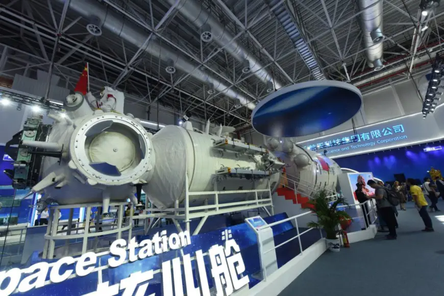 A life-size model of the Tianhe core module of China’s space station. (Photo by Long Wei/People’s Daily Online)