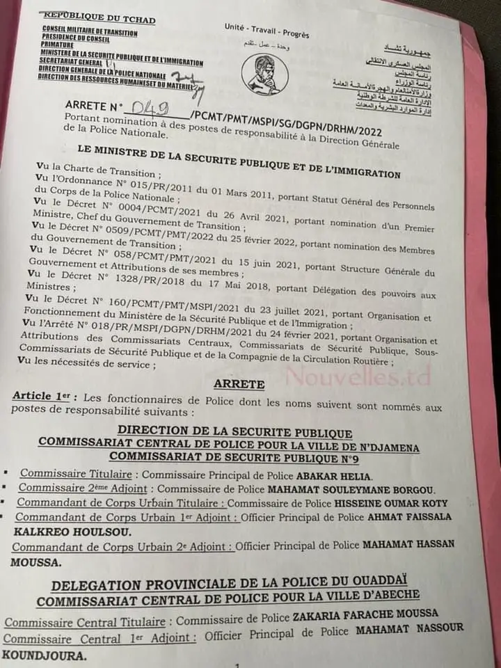 Tchad : 12 commissaires nommés à la police nationale