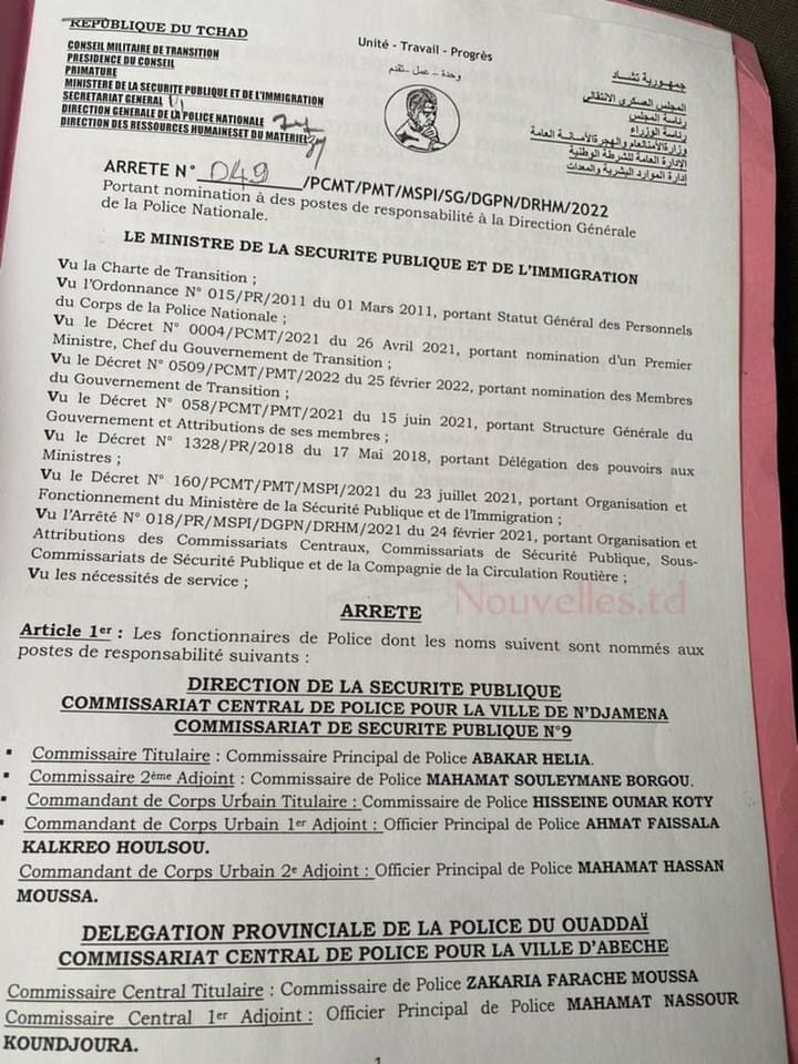 Tchad : 12 commissaires nommés à la police nationale Tchad : 12 commissaires nommés à la police nationale