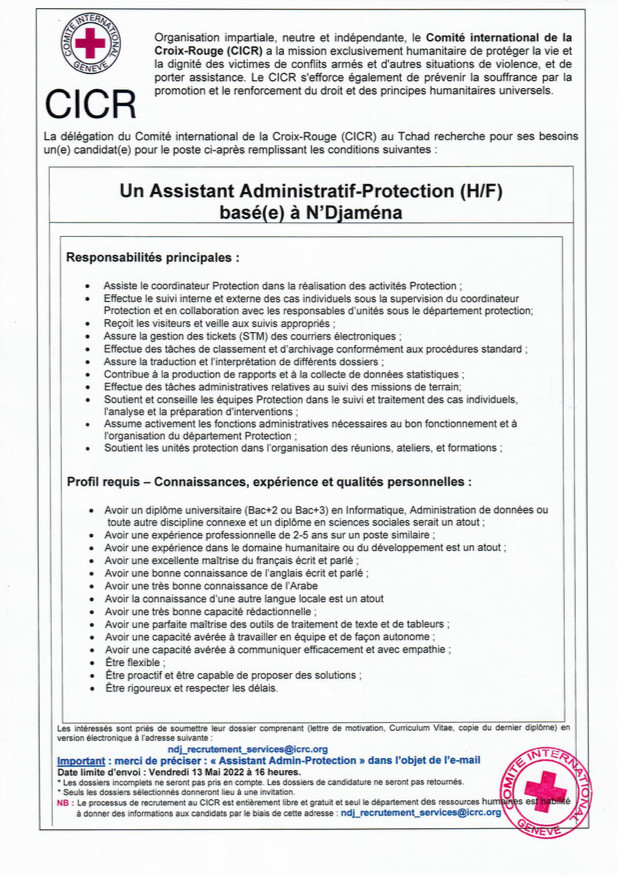 Tchad : la Délégation du CICR recrute un Assistant Administratif-Protection (H/F) basé(e) à N'Djamena Tchad : la Délégation du CICR recrute un Assistant Administratif-Protection (H/F) basé(e) à N'Djamena