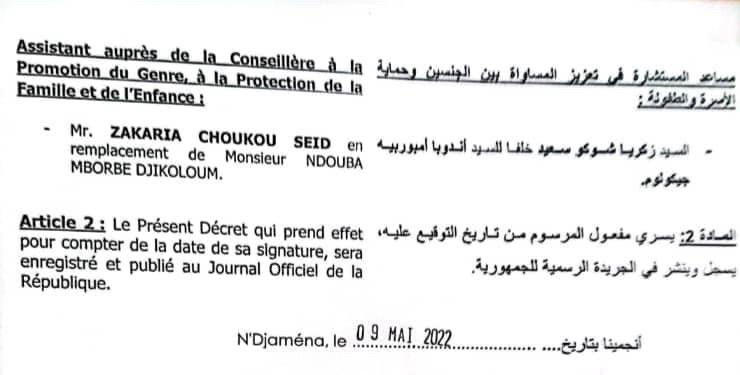 Tchad : 9 assistants de conseillers à la Présidence remplacés et 2 nouveaux postes créés