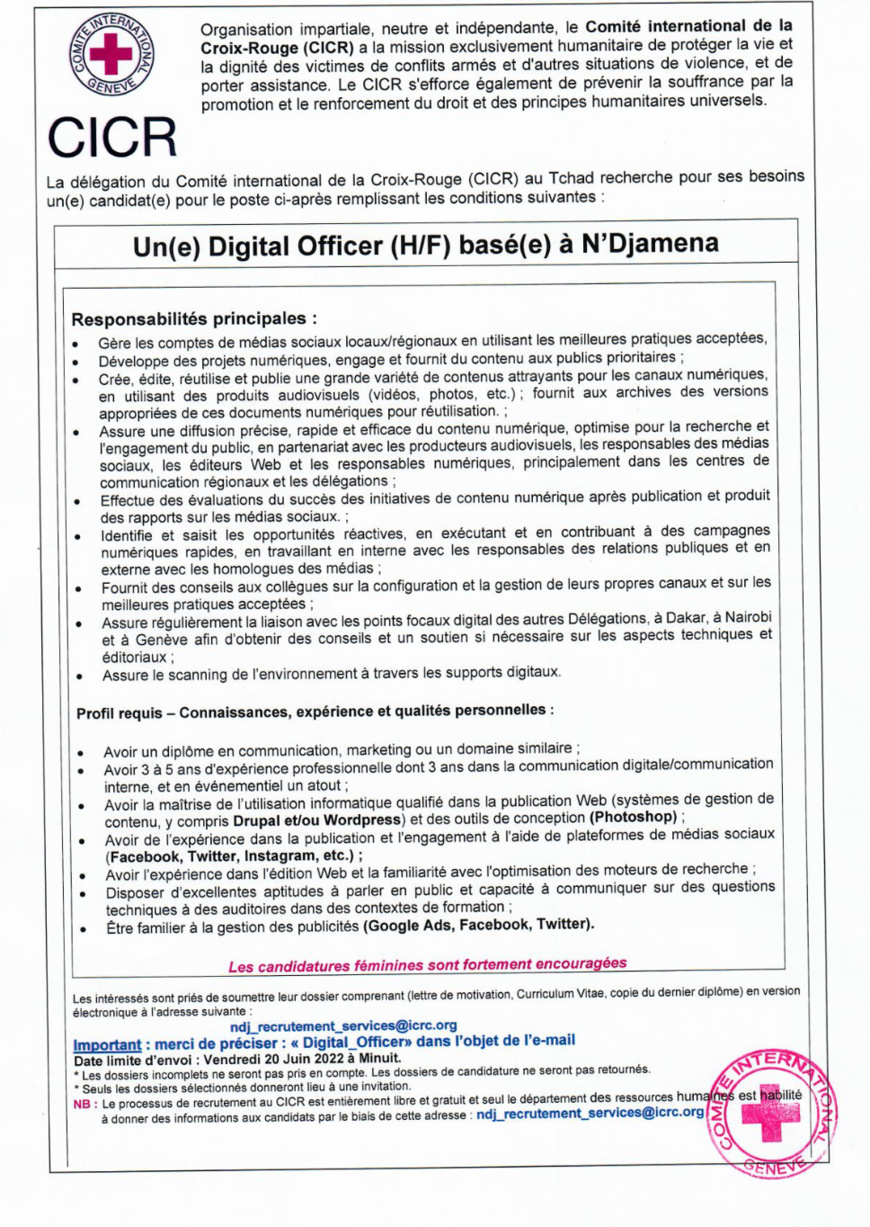 Tchad : La Délégation du CICR recrute Un(e) Digital Officer (H/F) basé(e) à N'Djamena Tchad : La Délégation du CICR recrute Un(e) Digital Officer (H/F) basé(e) à N'Djamena