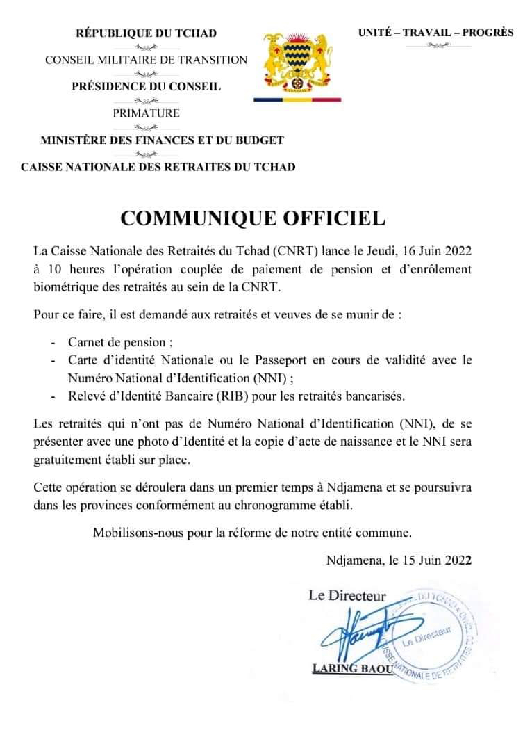 Tchad : la CNRT lancera l’opération de paiement de pension et d’enrôlement biométrique Tchad : la CNRT lancera l’opération de paiement de pension et d’enrôlement biométrique