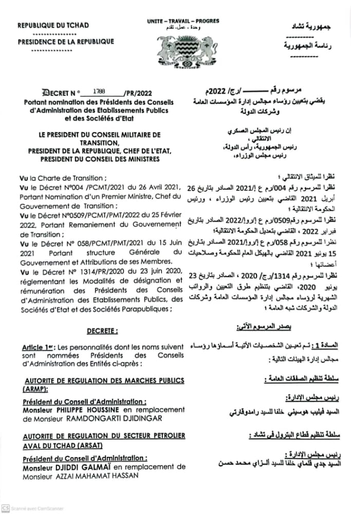 Tchad : nomination de 7 présidents de Conseil d’administration