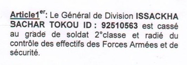 Tchad : Le Général de Division issackha Bachar Tokou radié de l'armée Tchad : Le Général de Division issackha Bachar Tokou radié de l'armée