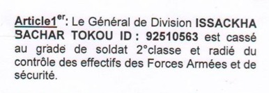 Tchad : Le Général de Division issackha Bachar Tokou radié de l'armée